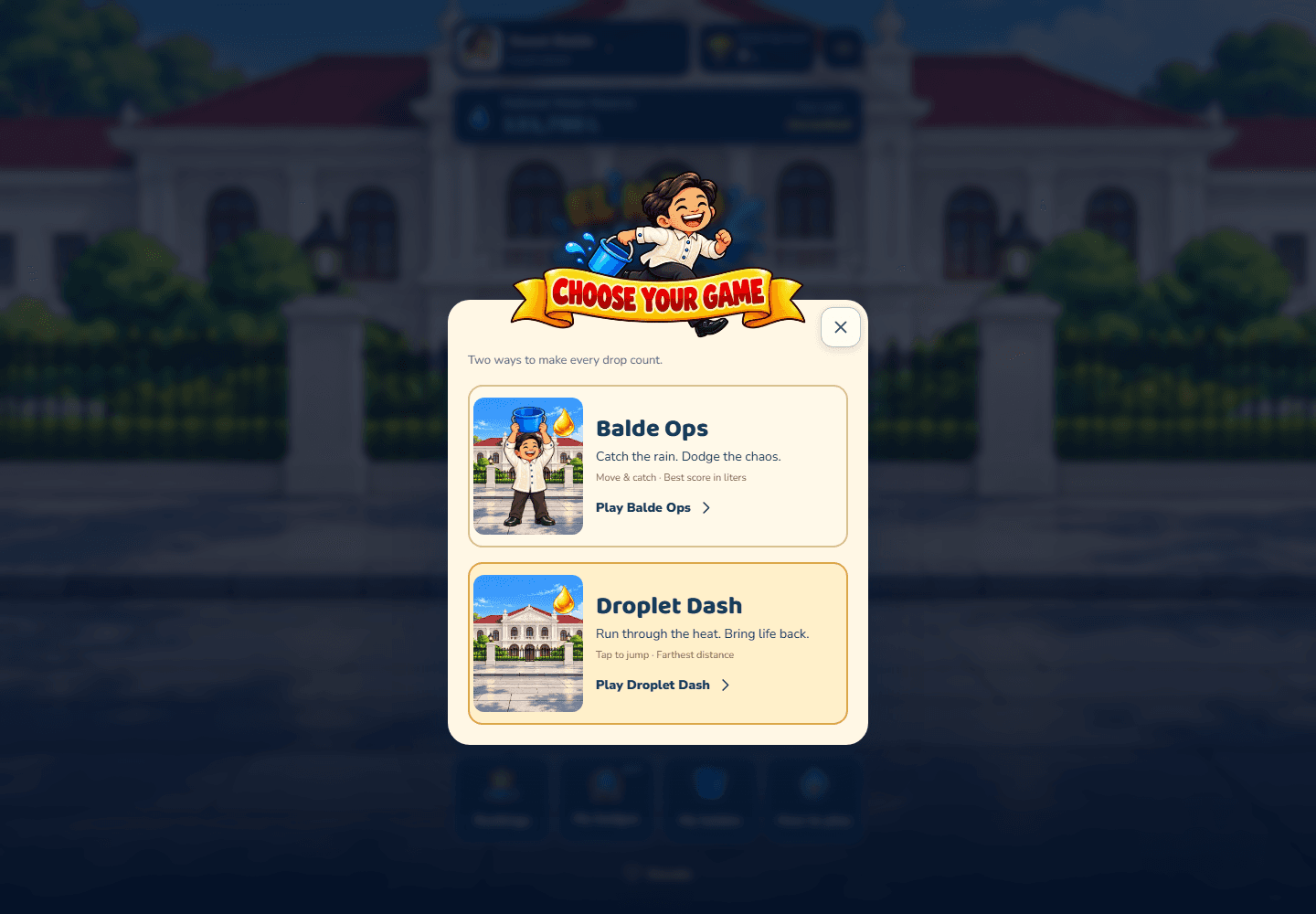 Balde Ops and Droplet Dash game selection