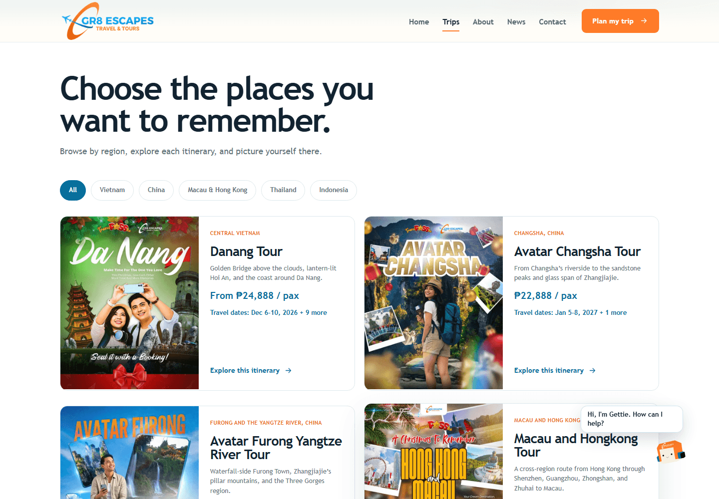 Tour packages and destination filters